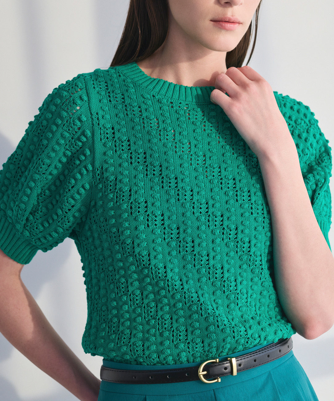 ポップコーン編みハーフスリーブニット