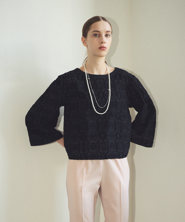 フラワージャガードワイドスリーブブラウス