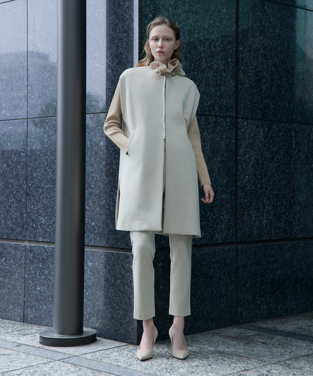 ニット×シフォンオーガンジートップス